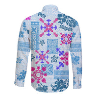 Hawaii Tapa Tribal Long Sleeve Button Shirt With Hawaiian Quilt Pattern Blue - Wonder Print Shop