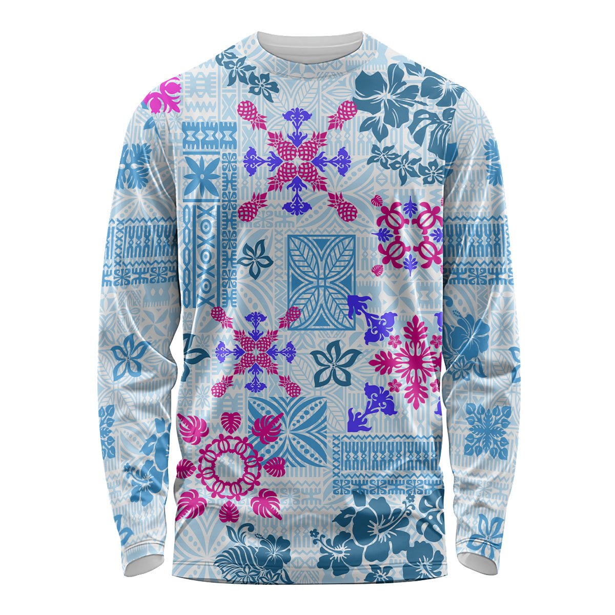 Hawaii Tapa Tribal Long Sleeve Shirt With Hawaiian Quilt Pattern Blue - Wonder Print Shop