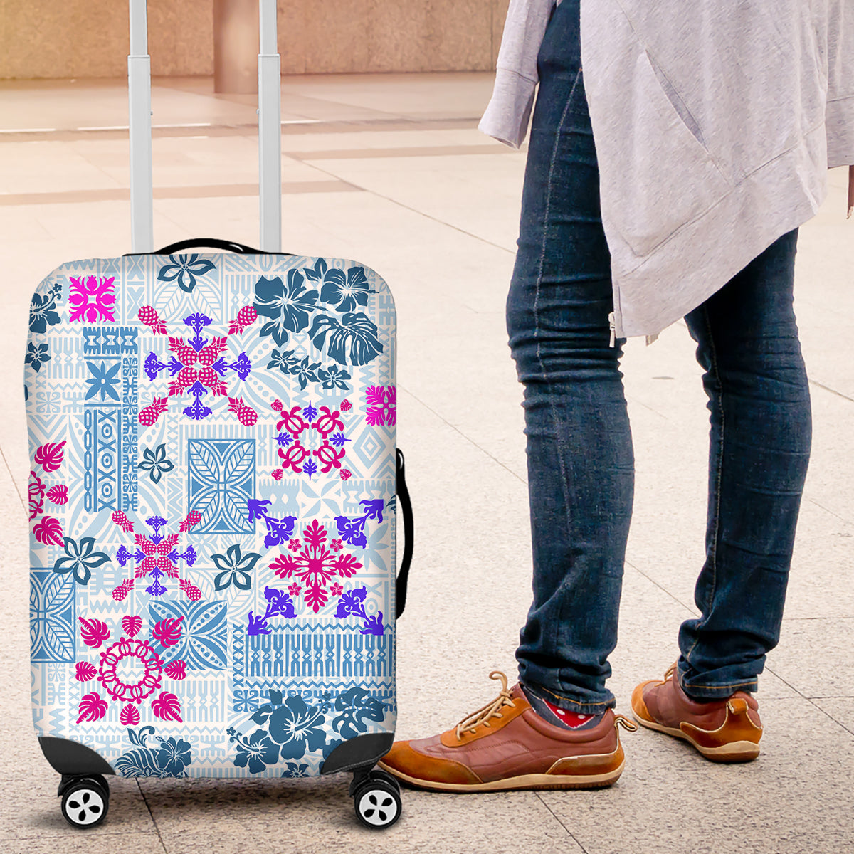 Hawaii Tapa Tribal Luggage Cover With Hawaiian Quilt Pattern Blue - Wonder Print Shop
