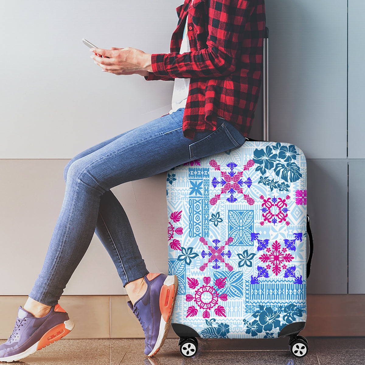 Hawaii Tapa Tribal Luggage Cover With Hawaiian Quilt Pattern Blue - Wonder Print Shop