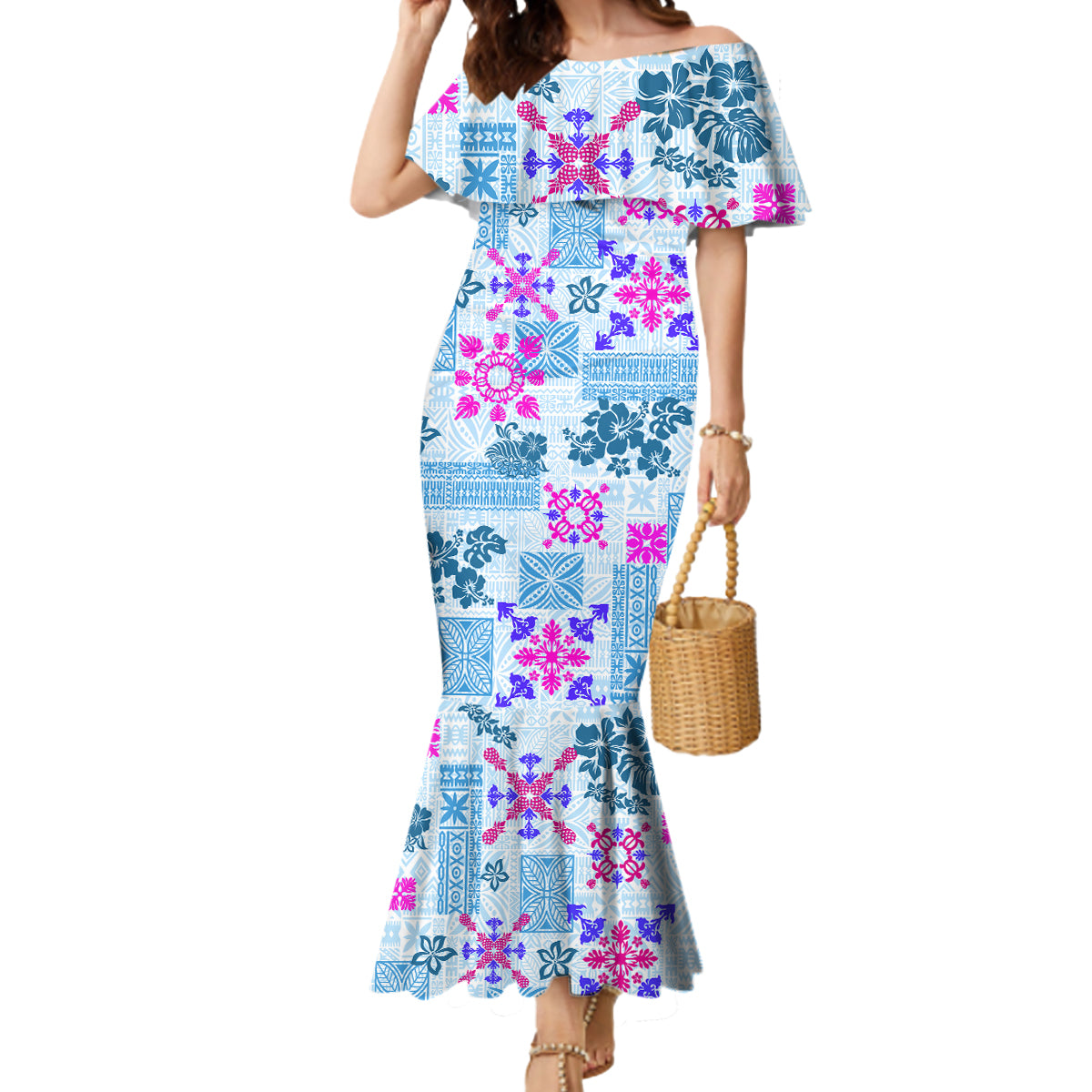 Hawaii Tapa Tribal Mermaid Dress With Hawaiian Quilt Pattern Blue - Wonder Print Shop
