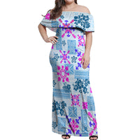 Hawaii Tapa Tribal Off Shoulder Maxi Dress With Hawaiian Quilt Pattern Blue - Wonder Print Shop