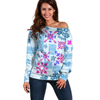 Hawaii Tapa Tribal Off Shoulder Sweater With Hawaiian Quilt Pattern Blue - Wonder Print Shop