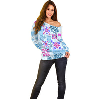 Hawaii Tapa Tribal Off Shoulder Sweater With Hawaiian Quilt Pattern Blue - Wonder Print Shop