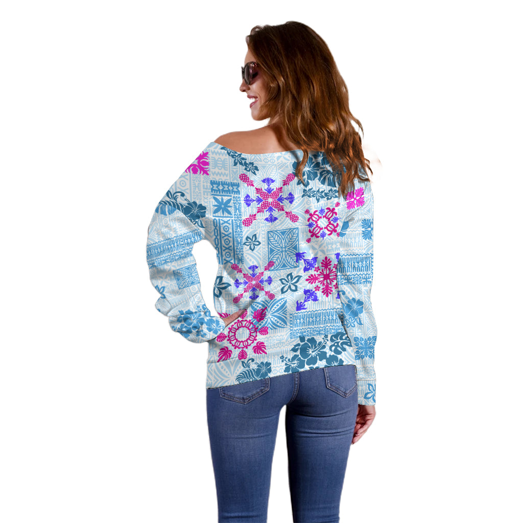 Hawaii Tapa Tribal Off Shoulder Sweater With Hawaiian Quilt Pattern Blue - Wonder Print Shop