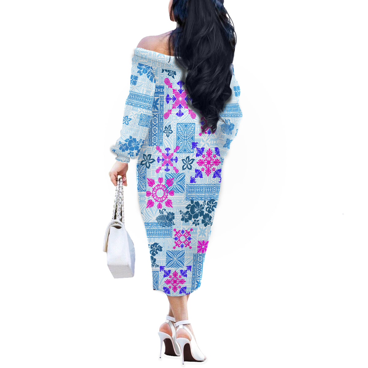 Hawaii Tapa Tribal Off The Shoulder Long Sleeve Dress With Hawaiian Quilt Pattern Blue - Wonder Print Shop