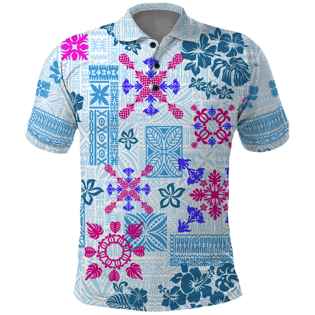 Hawaii Tapa Tribal Polo Shirt With Hawaiian Quilt Pattern Blue - Wonder Print Shop