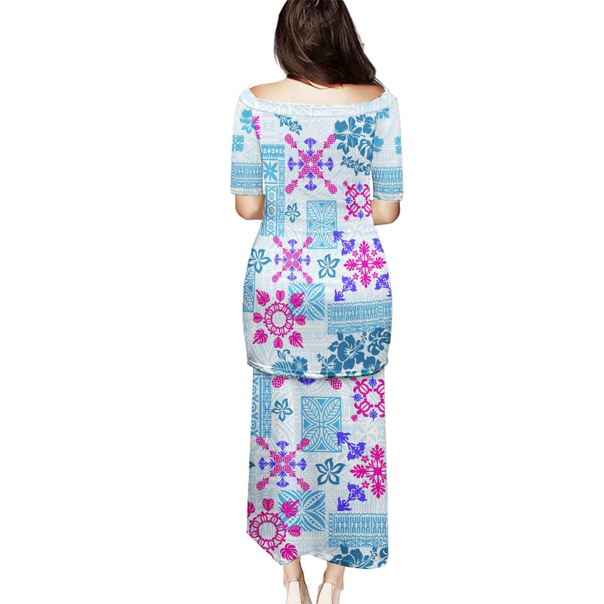 Hawaii Tapa Tribal Puletasi With Hawaiian Quilt Pattern Blue - Wonder Print Shop