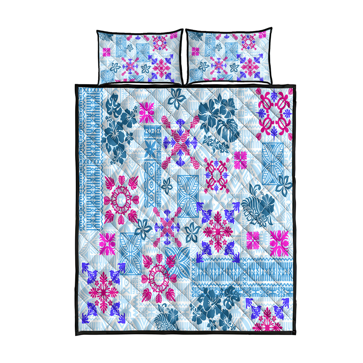 Hawaii Tapa Tribal Quilt Bed Set With Hawaiian Quilt Pattern Blue - Wonder Print Shop