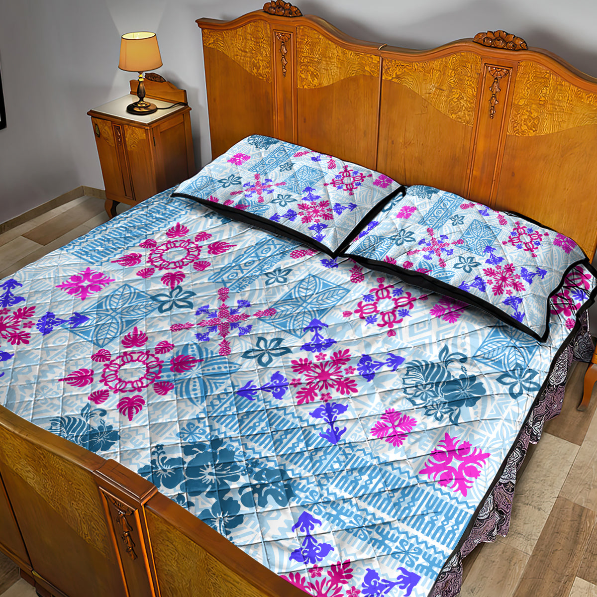 Hawaii Tapa Tribal Quilt Bed Set With Hawaiian Quilt Pattern Blue - Wonder Print Shop