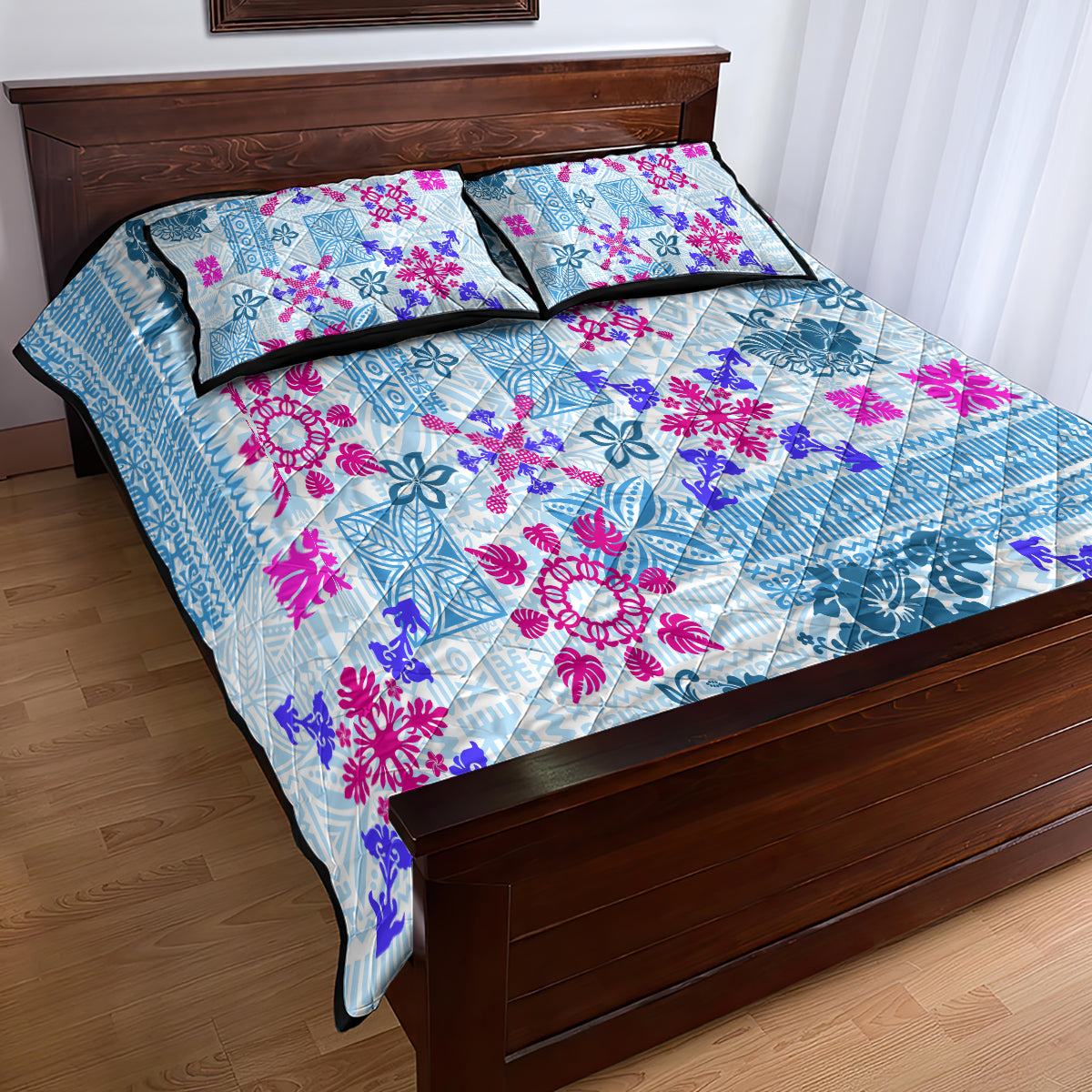 Hawaii Tapa Tribal Quilt Bed Set With Hawaiian Quilt Pattern Blue - Wonder Print Shop
