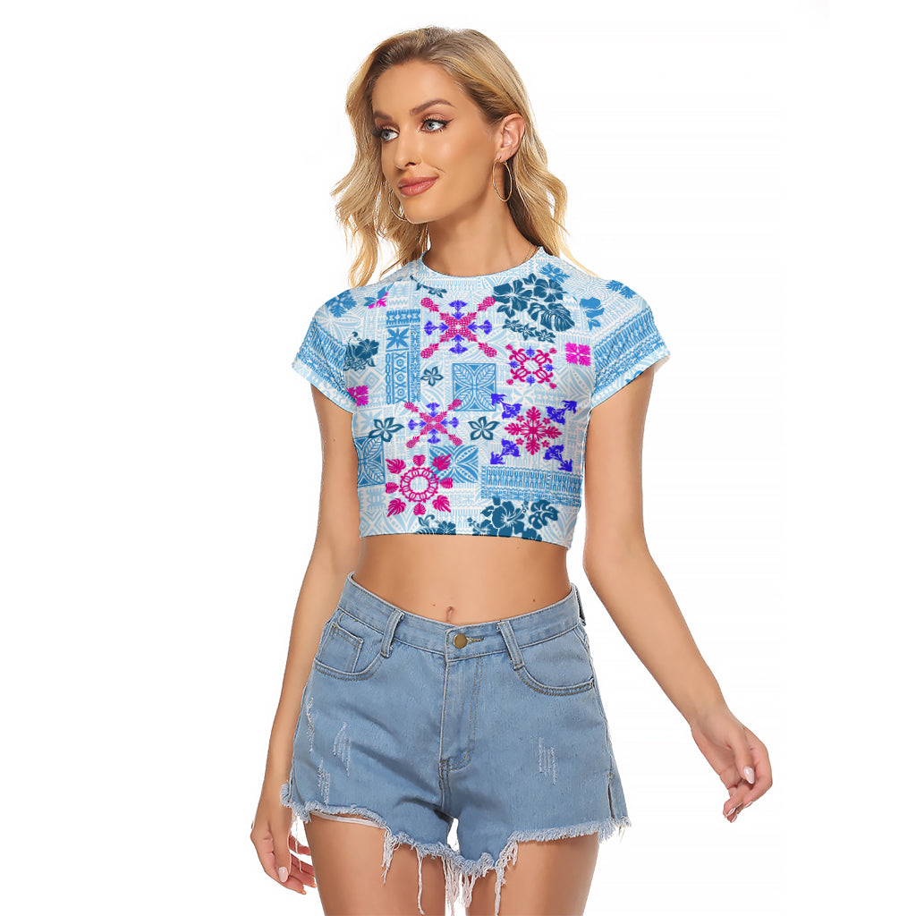 Hawaii Tapa Tribal Raglan Cropped T Shirt With Hawaiian Quilt Pattern Blue - Wonder Print Shop