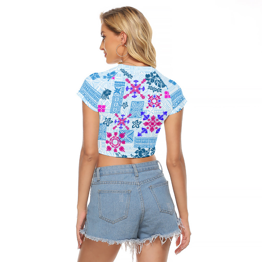 Hawaii Tapa Tribal Raglan Cropped T Shirt With Hawaiian Quilt Pattern Blue - Wonder Print Shop