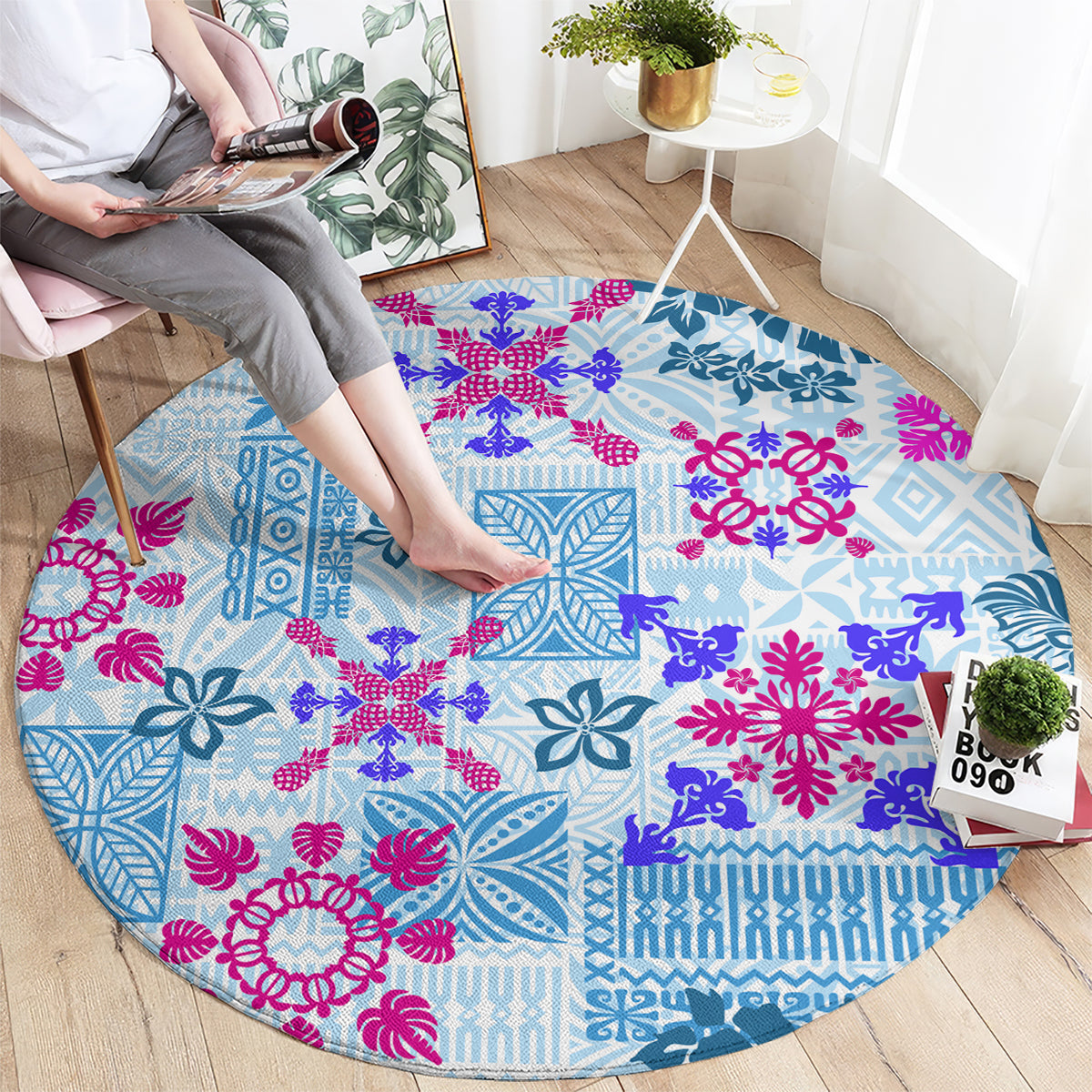 hawaii-tapa-tribal-round-carpet-with-hawaiian-quilt-pattern-blue