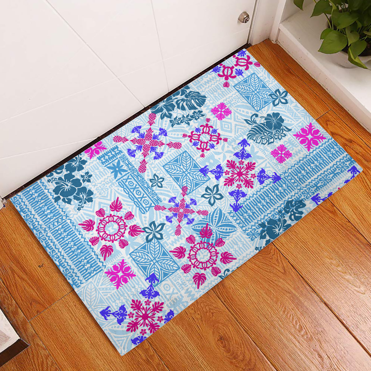 Hawaii Tapa Tribal Rubber Doormat With Hawaiian Quilt Pattern Blue - Wonder Print Shop