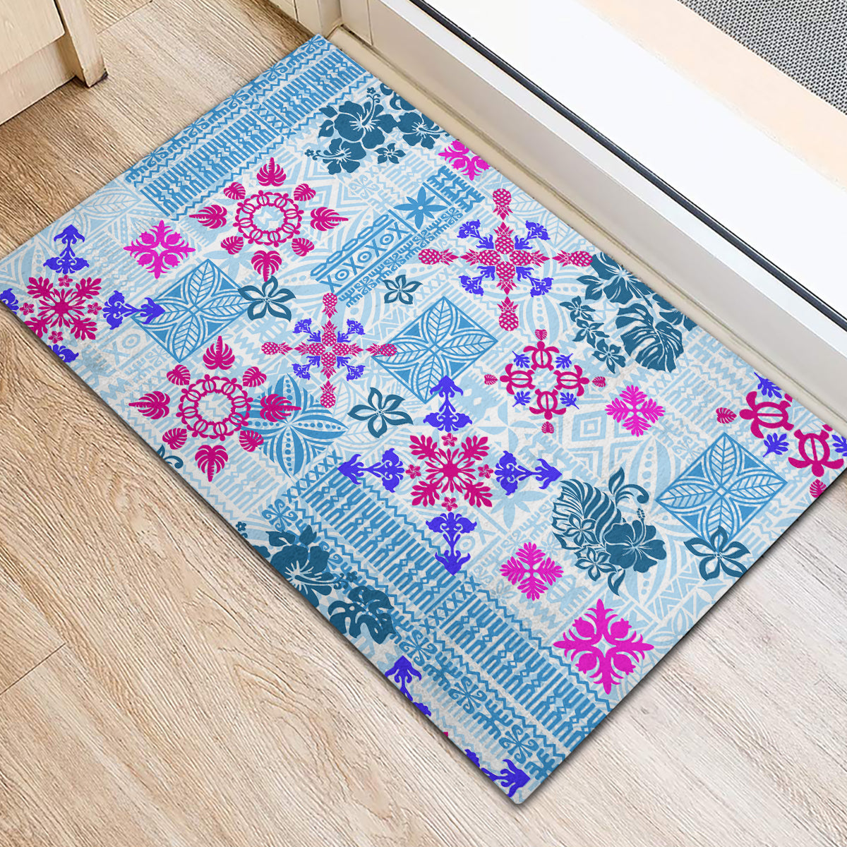 Hawaii Tapa Tribal Rubber Doormat With Hawaiian Quilt Pattern Blue - Wonder Print Shop