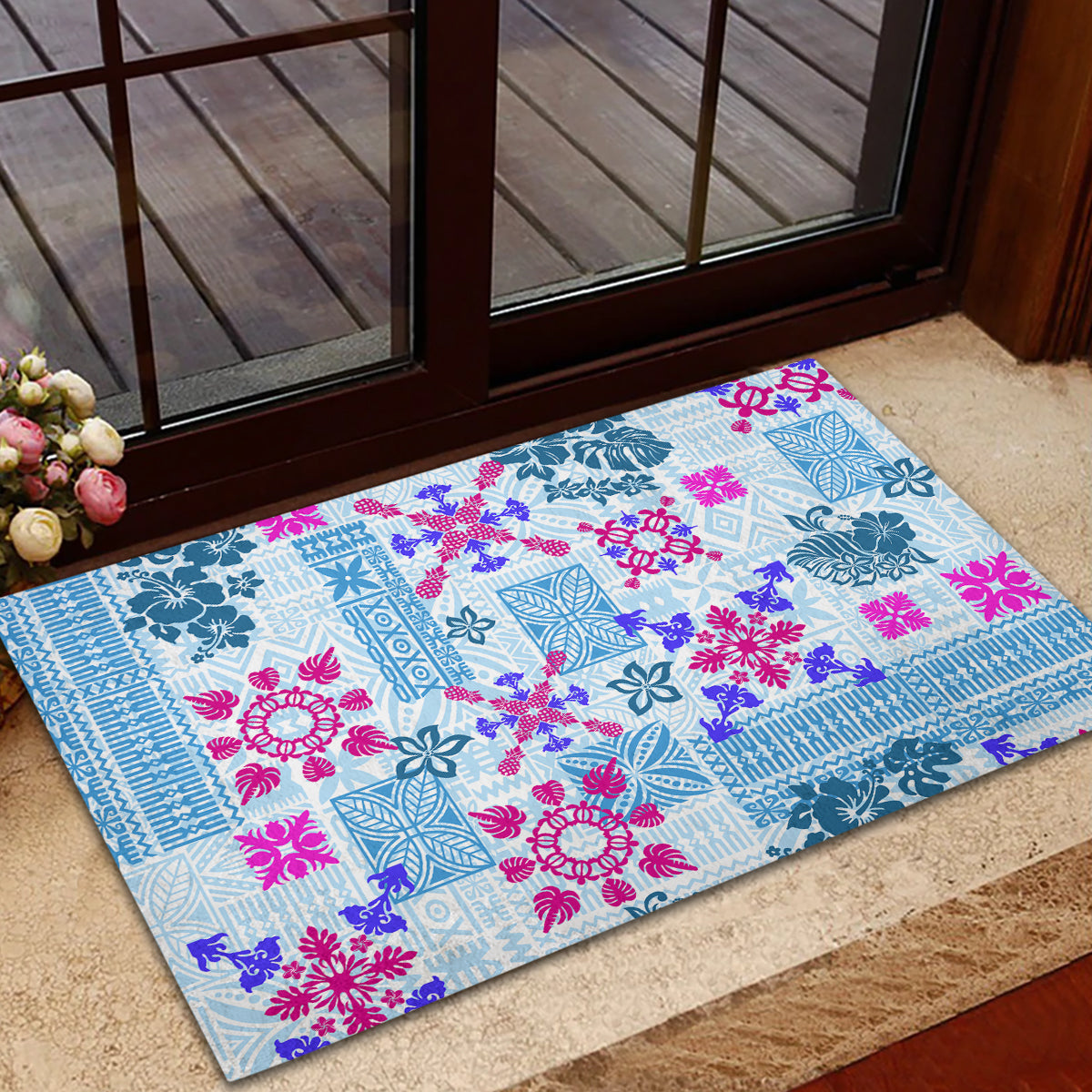 Hawaii Tapa Tribal Rubber Doormat With Hawaiian Quilt Pattern Blue - Wonder Print Shop