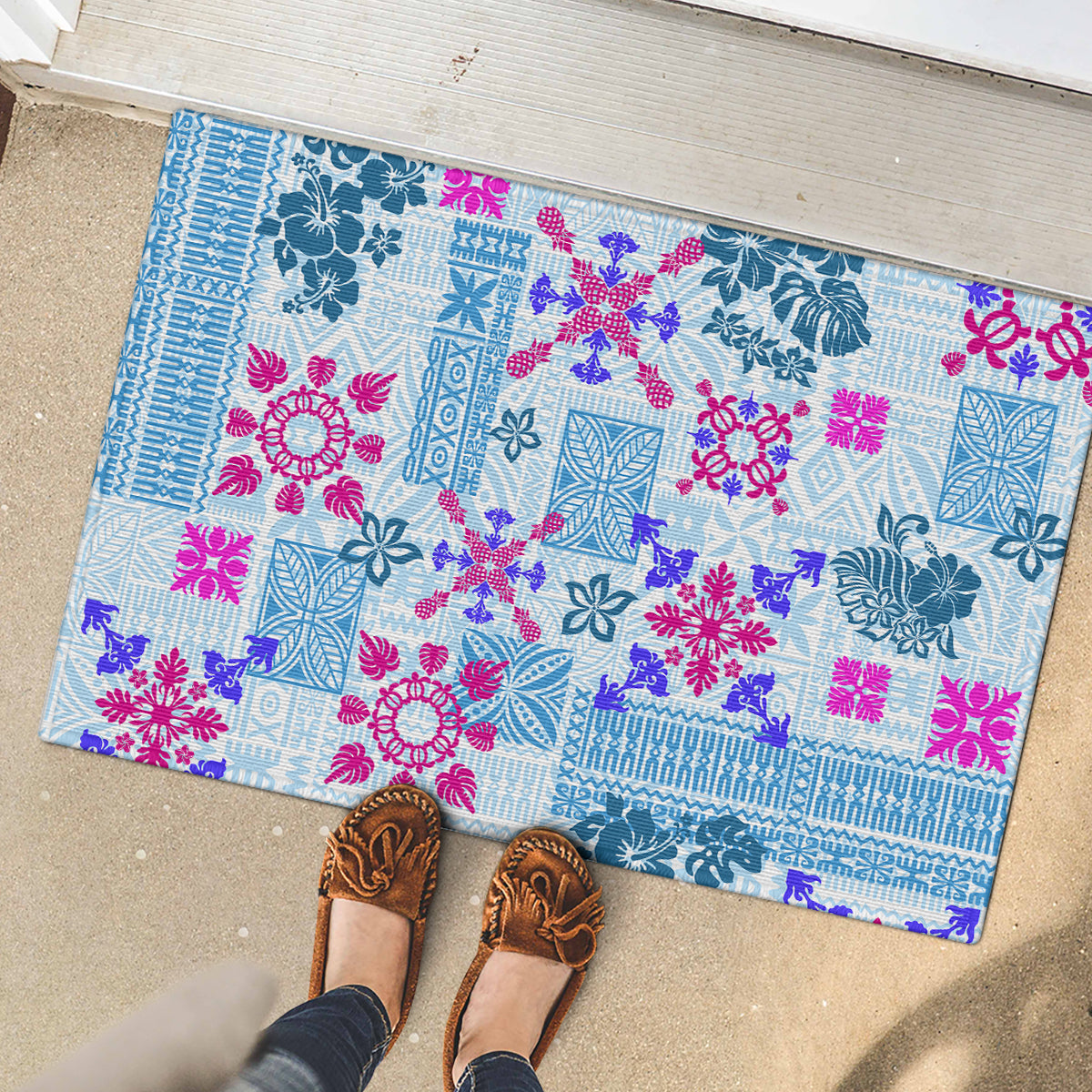 Hawaii Tapa Tribal Rubber Doormat With Hawaiian Quilt Pattern Blue - Wonder Print Shop
