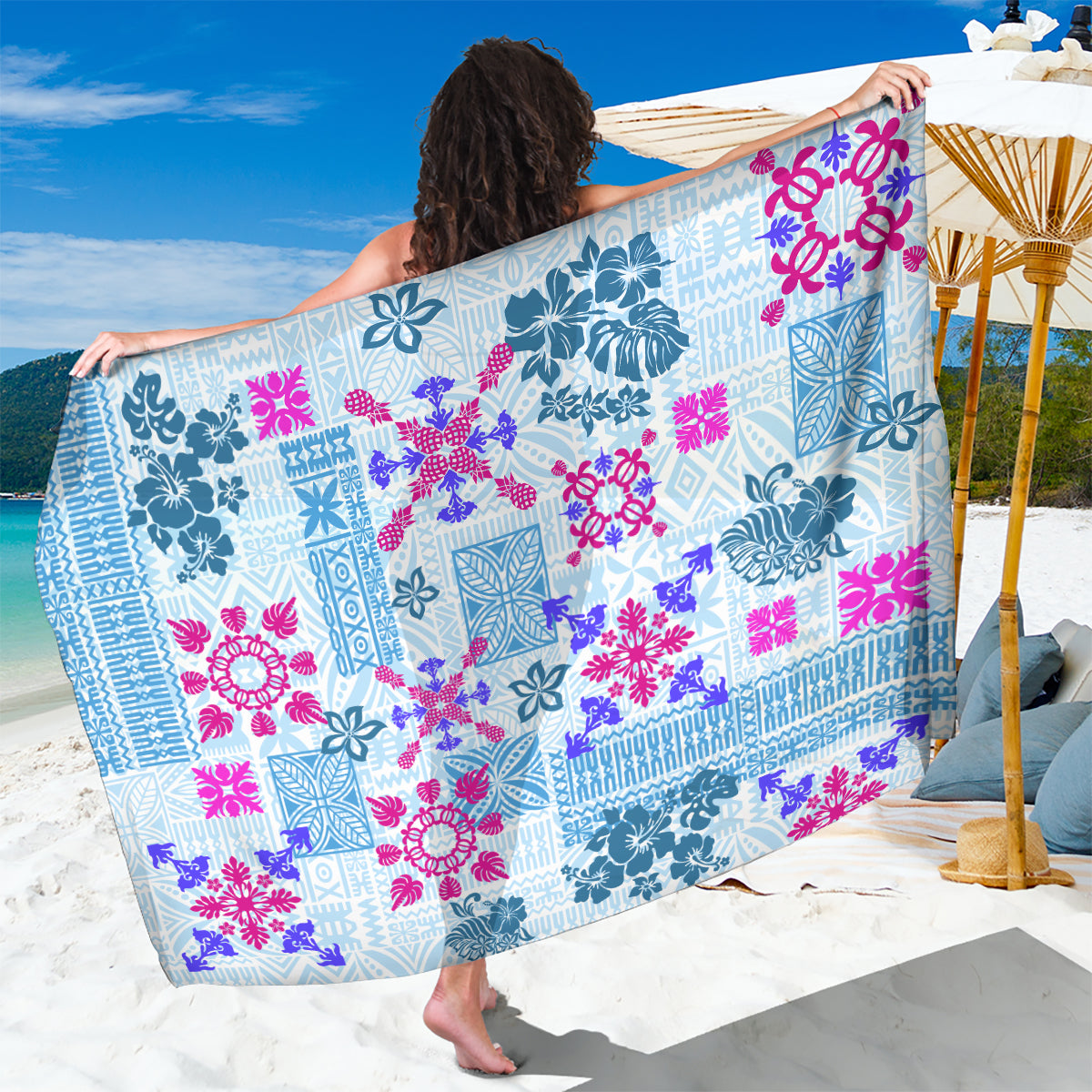 Hawaii Tapa Tribal Sarong With Hawaiian Quilt Pattern Blue - Wonder Print Shop