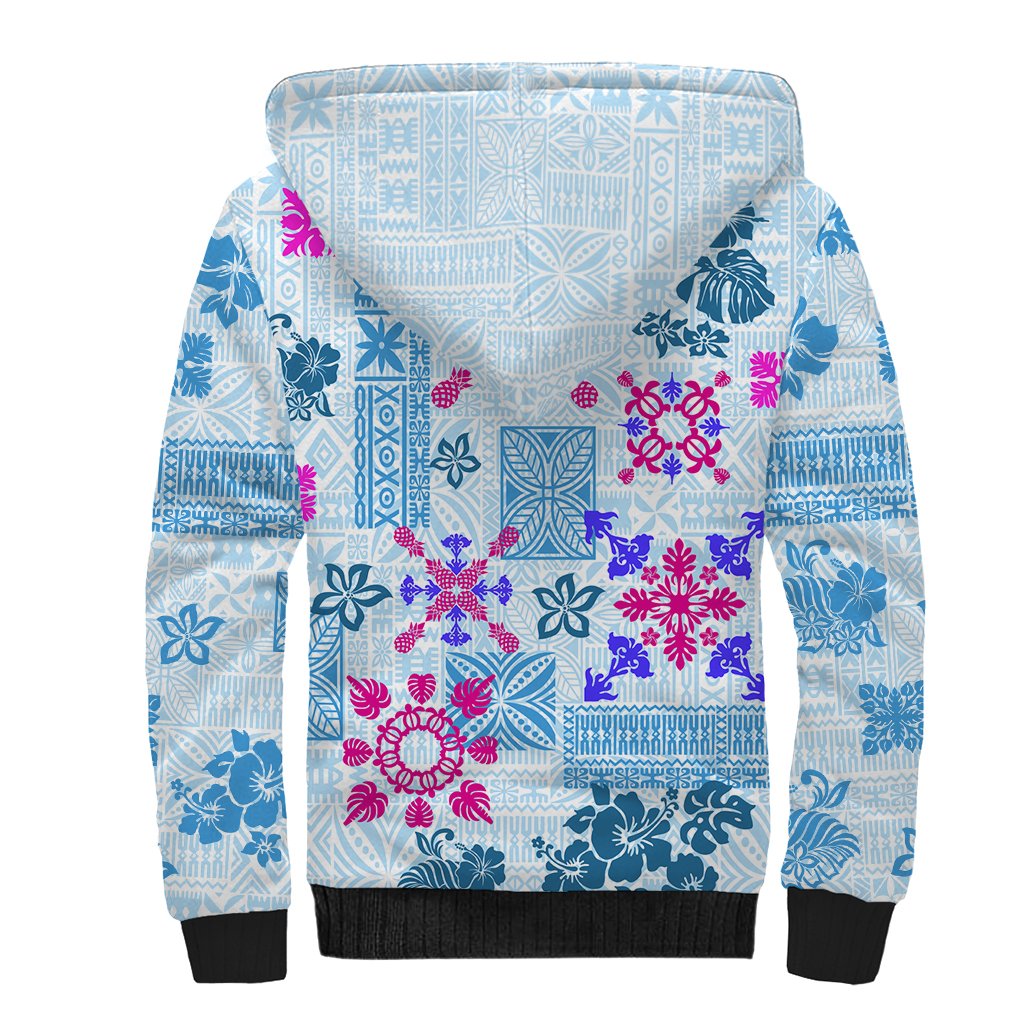 Hawaii Tapa Tribal Sherpa Hoodie With Hawaiian Quilt Pattern Blue - Wonder Print Shop