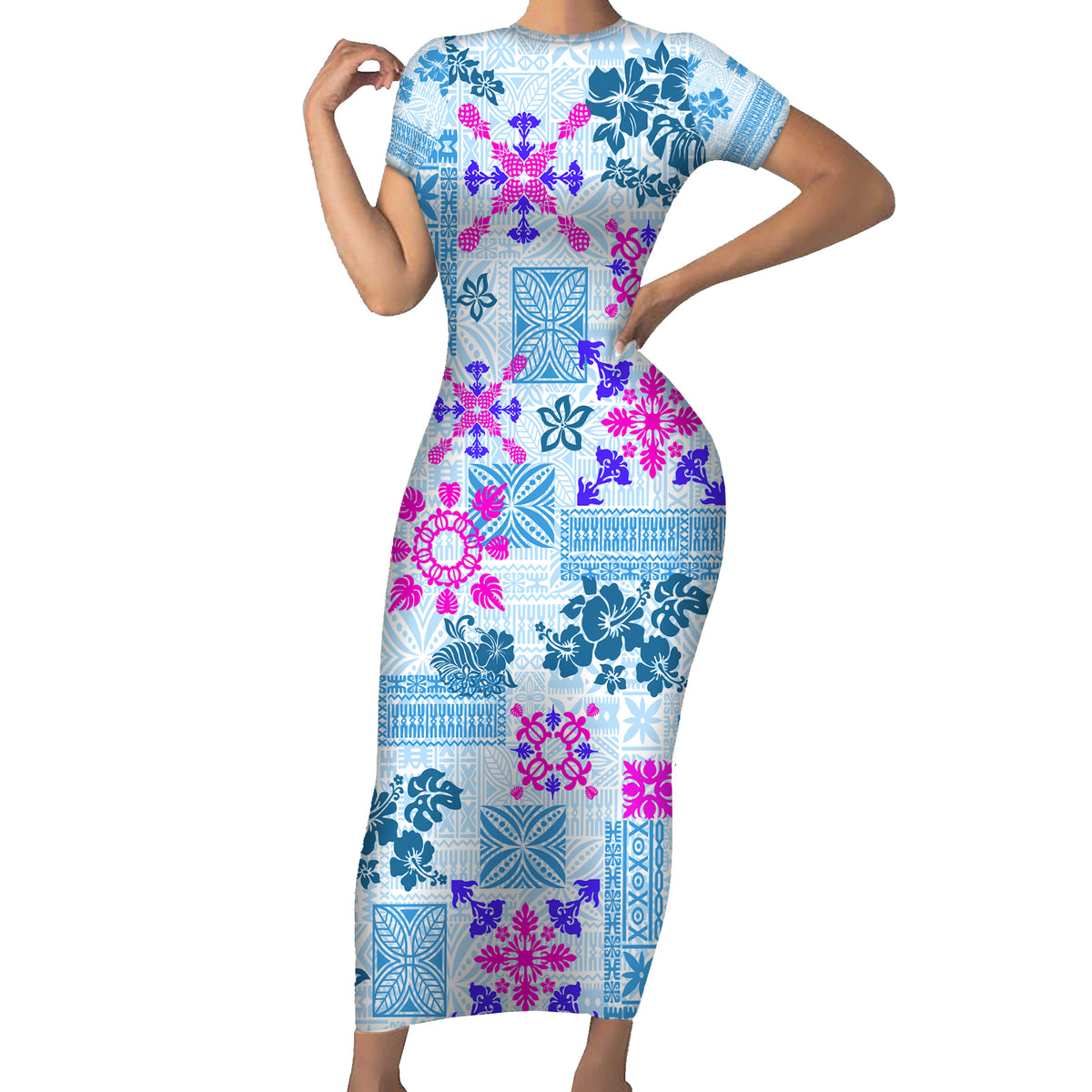 Hawaii Tapa Tribal Short Sleeve Bodycon Dress With Hawaiian Quilt Pattern Blue - Wonder Print Shop