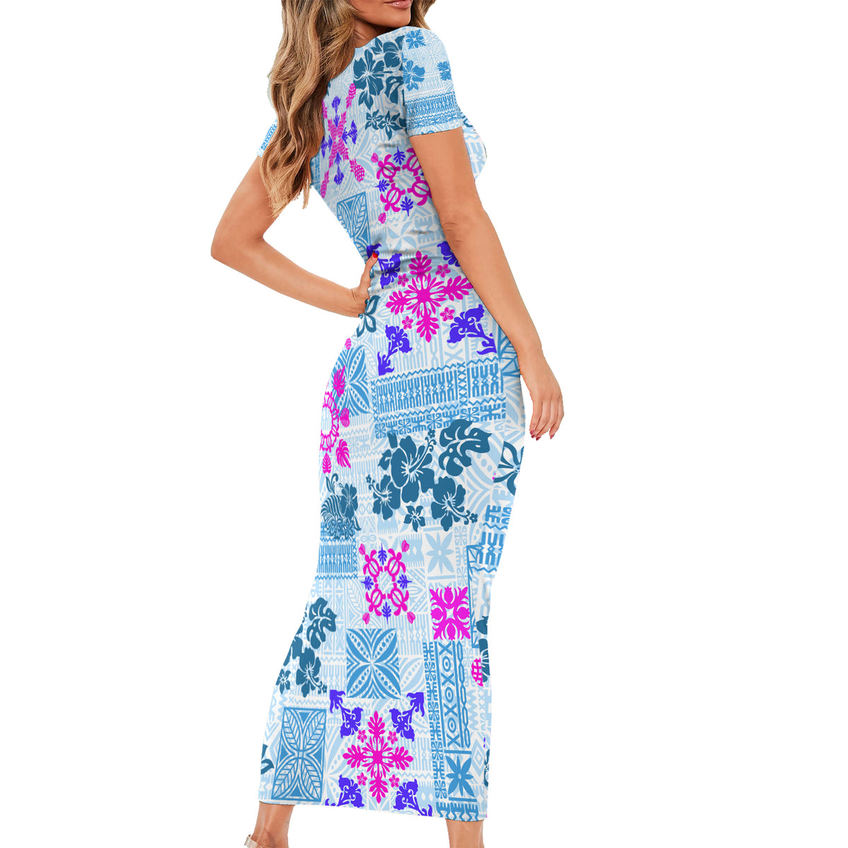 Hawaii Tapa Tribal Short Sleeve Bodycon Dress With Hawaiian Quilt Pattern Blue - Wonder Print Shop