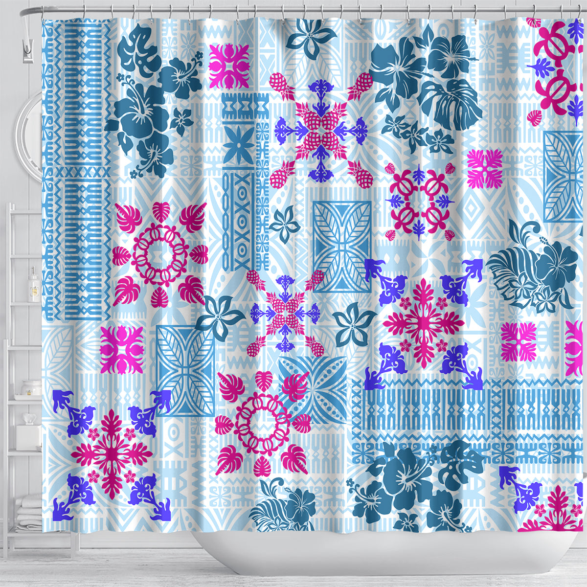 hawaii-tapa-tribal-shower-curtain-with-hawaiian-quilt-pattern-blue