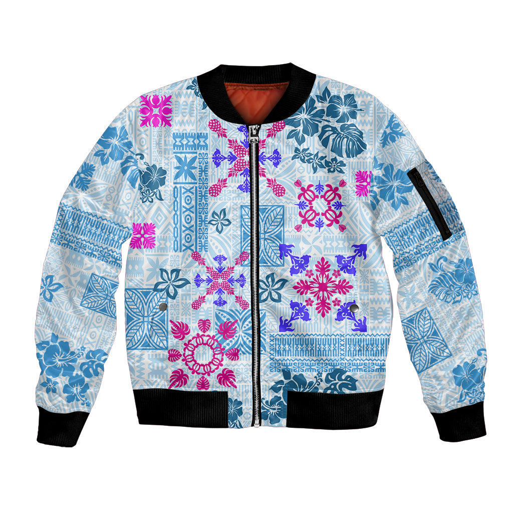 Hawaii Tapa Tribal Sleeve Zip Bomber Jacket With Hawaiian Quilt Pattern Blue - Wonder Print Shop