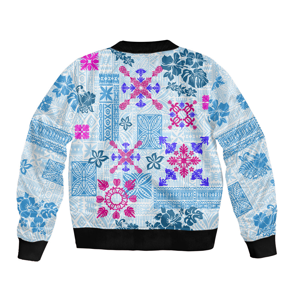 Hawaii Tapa Tribal Sleeve Zip Bomber Jacket With Hawaiian Quilt Pattern Blue - Wonder Print Shop