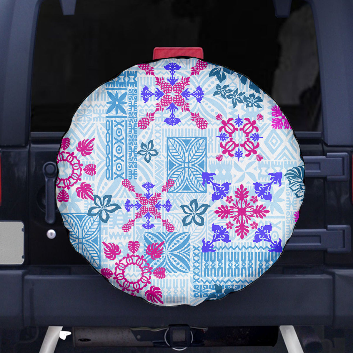 Hawaii Tapa Tribal Spare Tire Cover With Hawaiian Quilt Pattern Blue - Wonder Print Shop