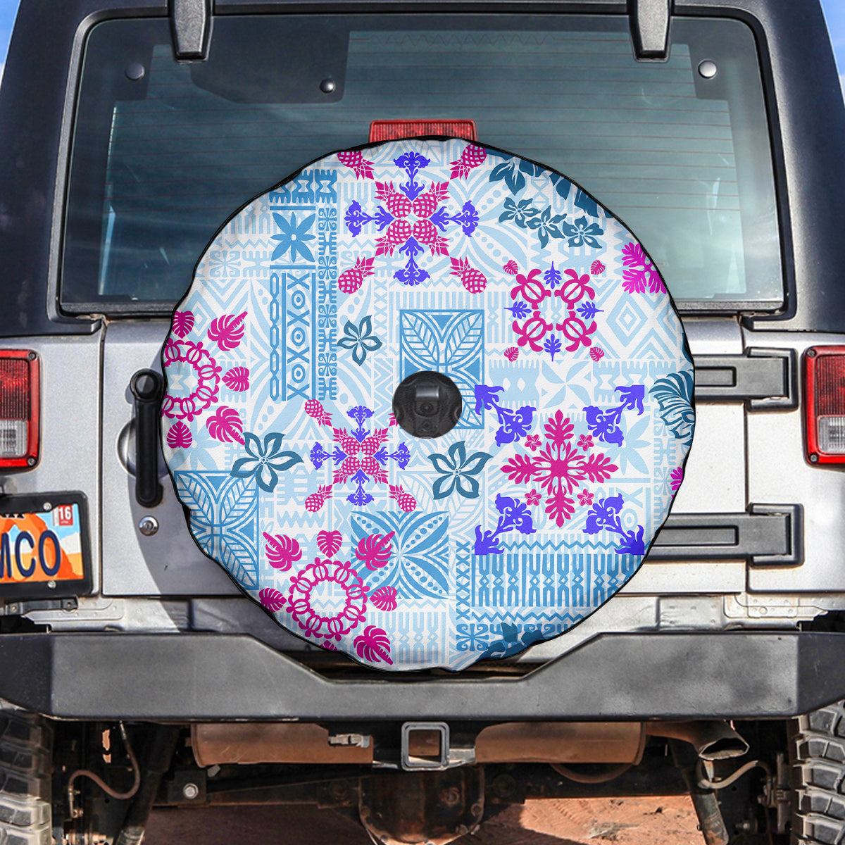 Hawaii Tapa Tribal Spare Tire Cover With Hawaiian Quilt Pattern Blue - Wonder Print Shop