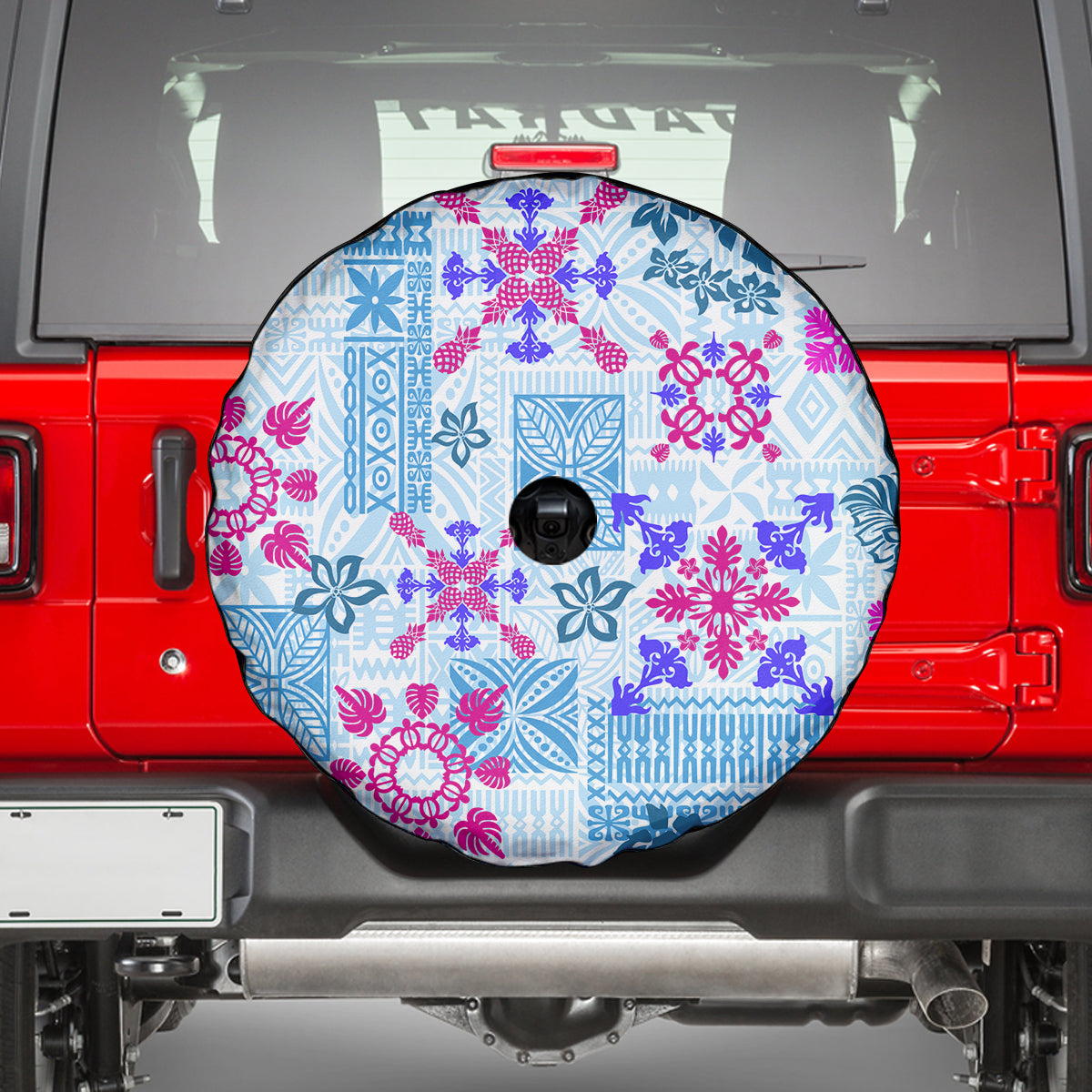Hawaii Tapa Tribal Spare Tire Cover With Hawaiian Quilt Pattern Blue - Wonder Print Shop