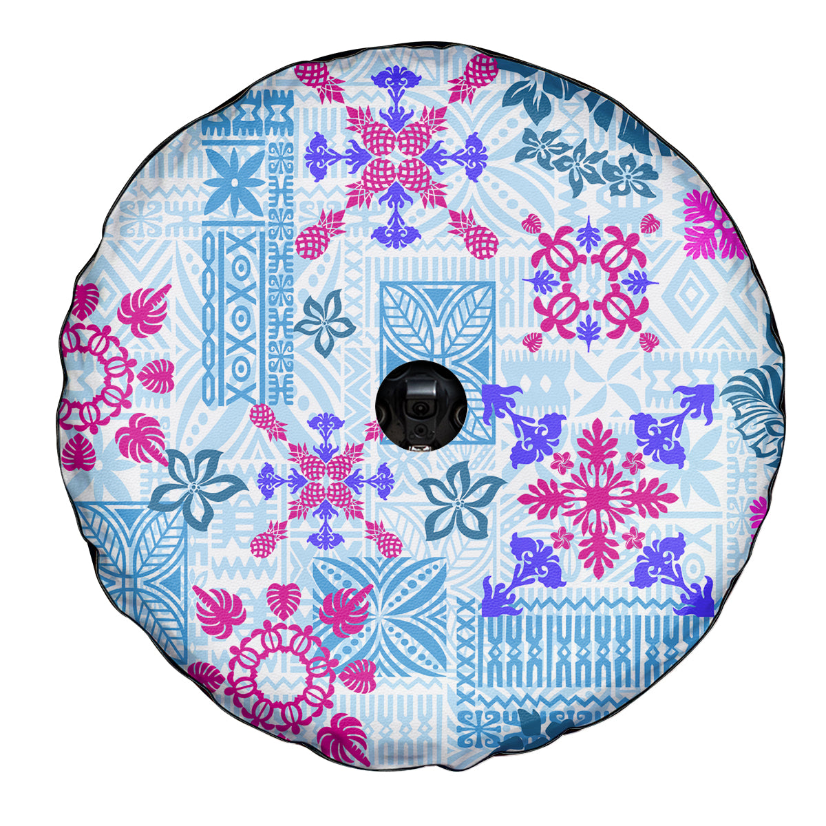 Hawaii Tapa Tribal Spare Tire Cover With Hawaiian Quilt Pattern Blue - Wonder Print Shop