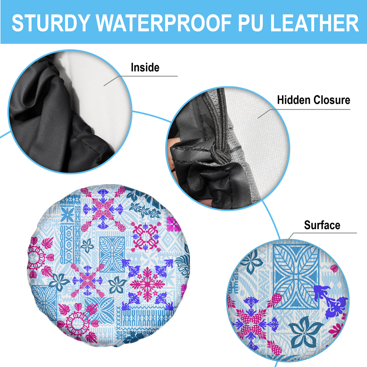 Hawaii Tapa Tribal Spare Tire Cover With Hawaiian Quilt Pattern Blue - Wonder Print Shop