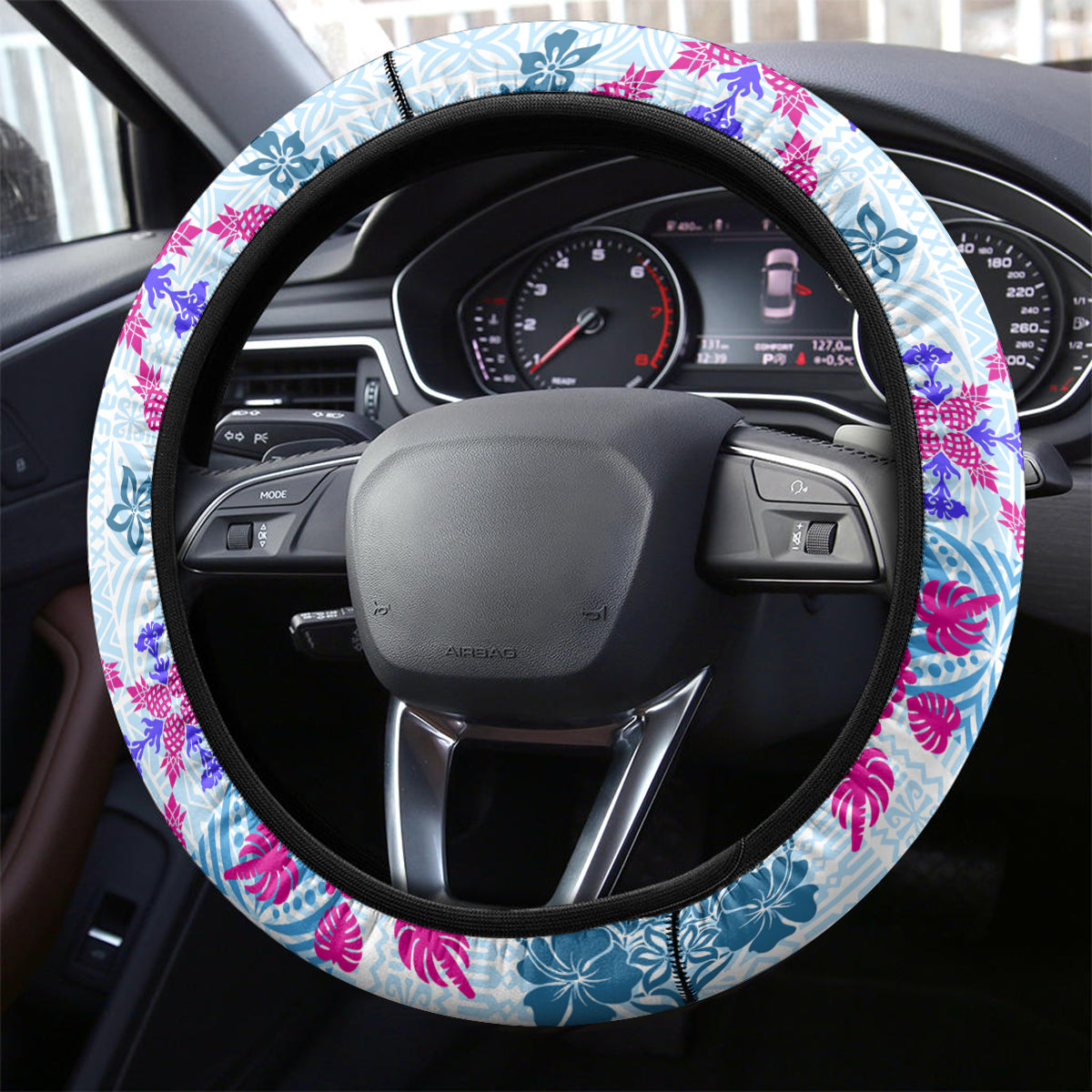 Hawaii Tapa Tribal Steering Wheel Cover With Hawaiian Quilt Pattern Blue - Wonder Print Shop