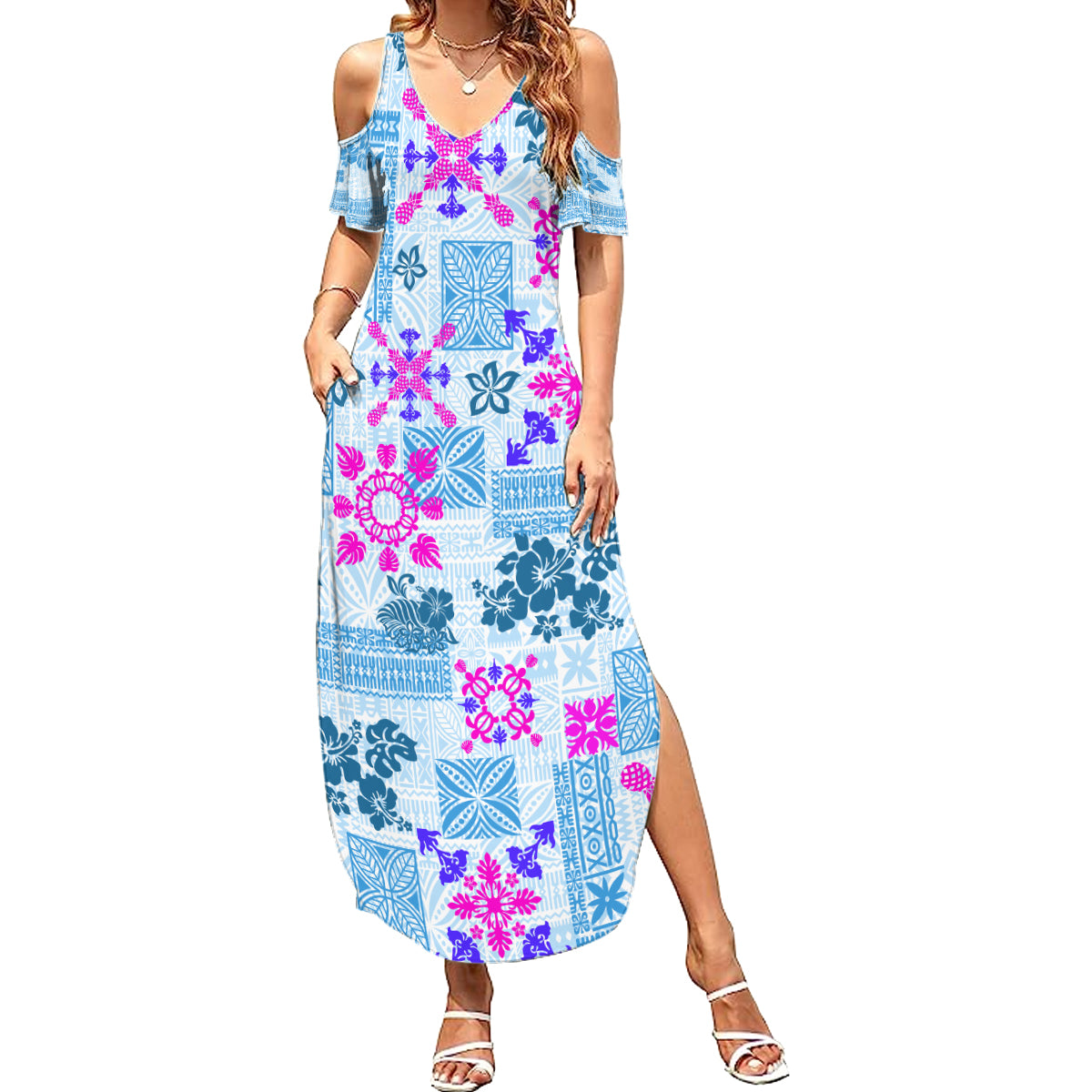 Hawaii Tapa Tribal Summer Maxi Dress With Hawaiian Quilt Pattern Blue - Wonder Print Shop