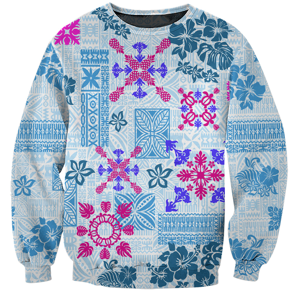 Hawaii Tapa Tribal Sweatshirt With Hawaiian Quilt Pattern Blue - Wonder Print Shop