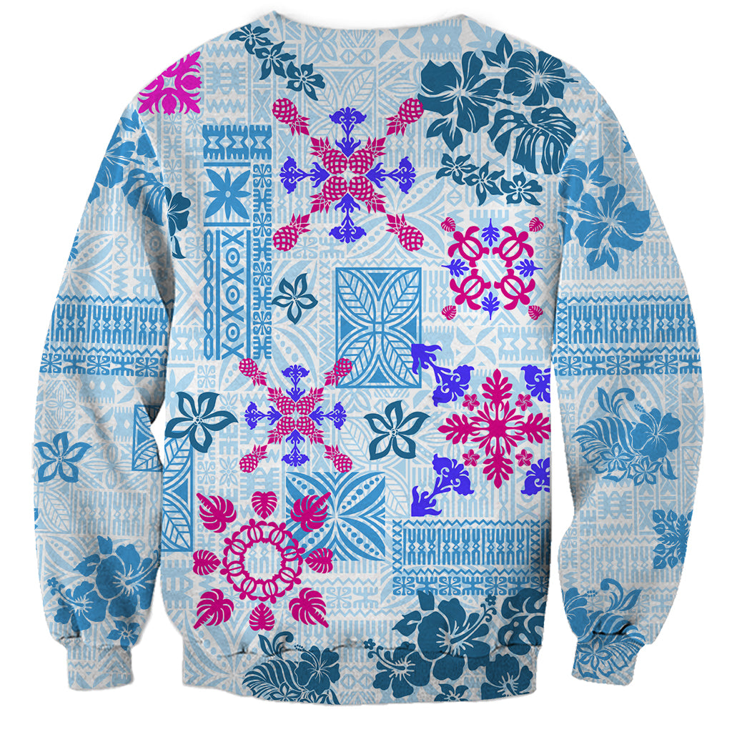 Hawaii Tapa Tribal Sweatshirt With Hawaiian Quilt Pattern Blue - Wonder Print Shop