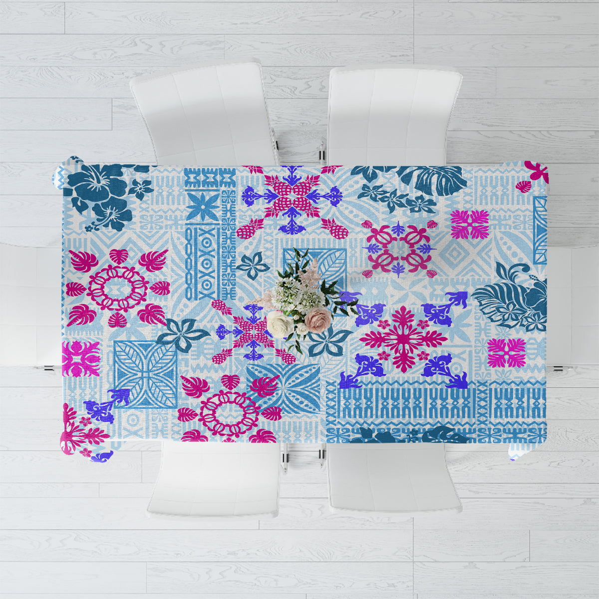 Hawaii Tapa Tribal Tablecloth With Hawaiian Quilt Pattern Blue - Wonder Print Shop