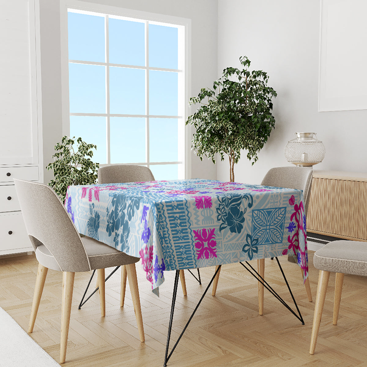 Hawaii Tapa Tribal Tablecloth With Hawaiian Quilt Pattern Blue - Wonder Print Shop