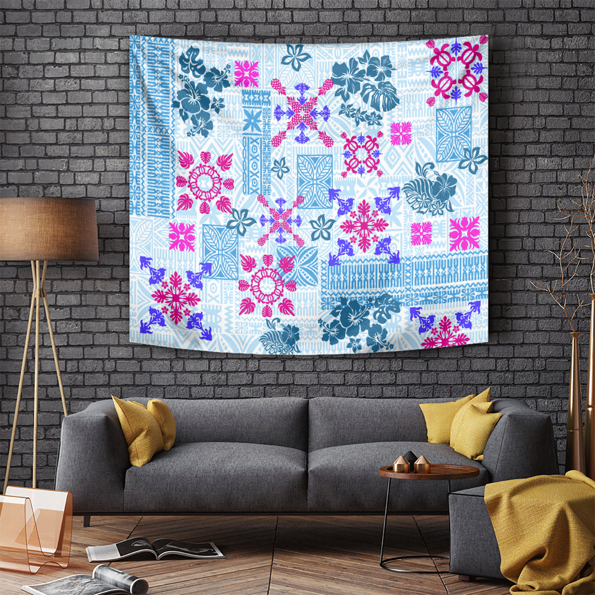 Hawaii Tapa Tribal Tapestry With Hawaiian Quilt Pattern Blue - Wonder Print Shop
