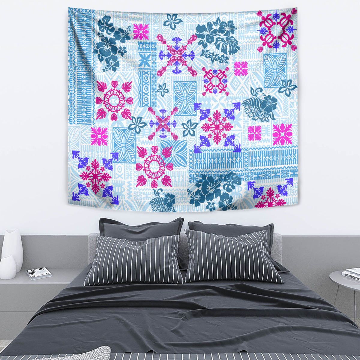 Hawaii Tapa Tribal Tapestry With Hawaiian Quilt Pattern Blue - Wonder Print Shop