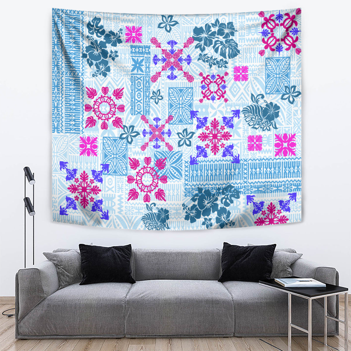 Hawaii Tapa Tribal Tapestry With Hawaiian Quilt Pattern Blue - Wonder Print Shop