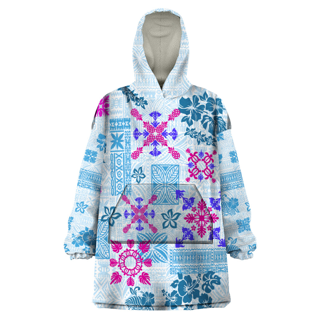 Hawaii Tapa Tribal Wearable Blanket Hoodie With Hawaiian Quilt Pattern Blue - Wonder Print Shop