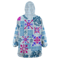 Hawaii Tapa Tribal Wearable Blanket Hoodie With Hawaiian Quilt Pattern Blue - Wonder Print Shop