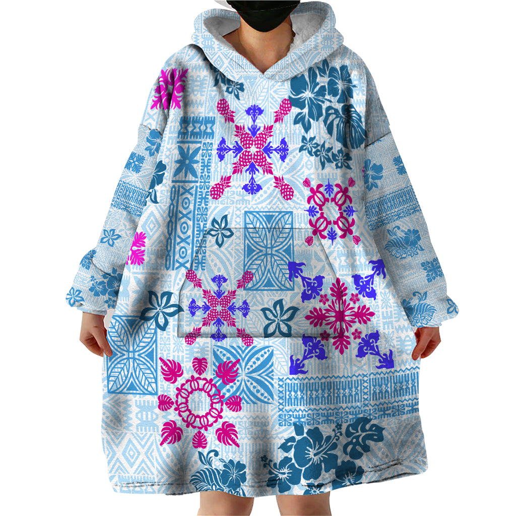 Hawaii Tapa Tribal Wearable Blanket Hoodie With Hawaiian Quilt Pattern Blue - Wonder Print Shop