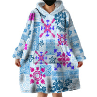 Hawaii Tapa Tribal Wearable Blanket Hoodie With Hawaiian Quilt Pattern Blue - Wonder Print Shop
