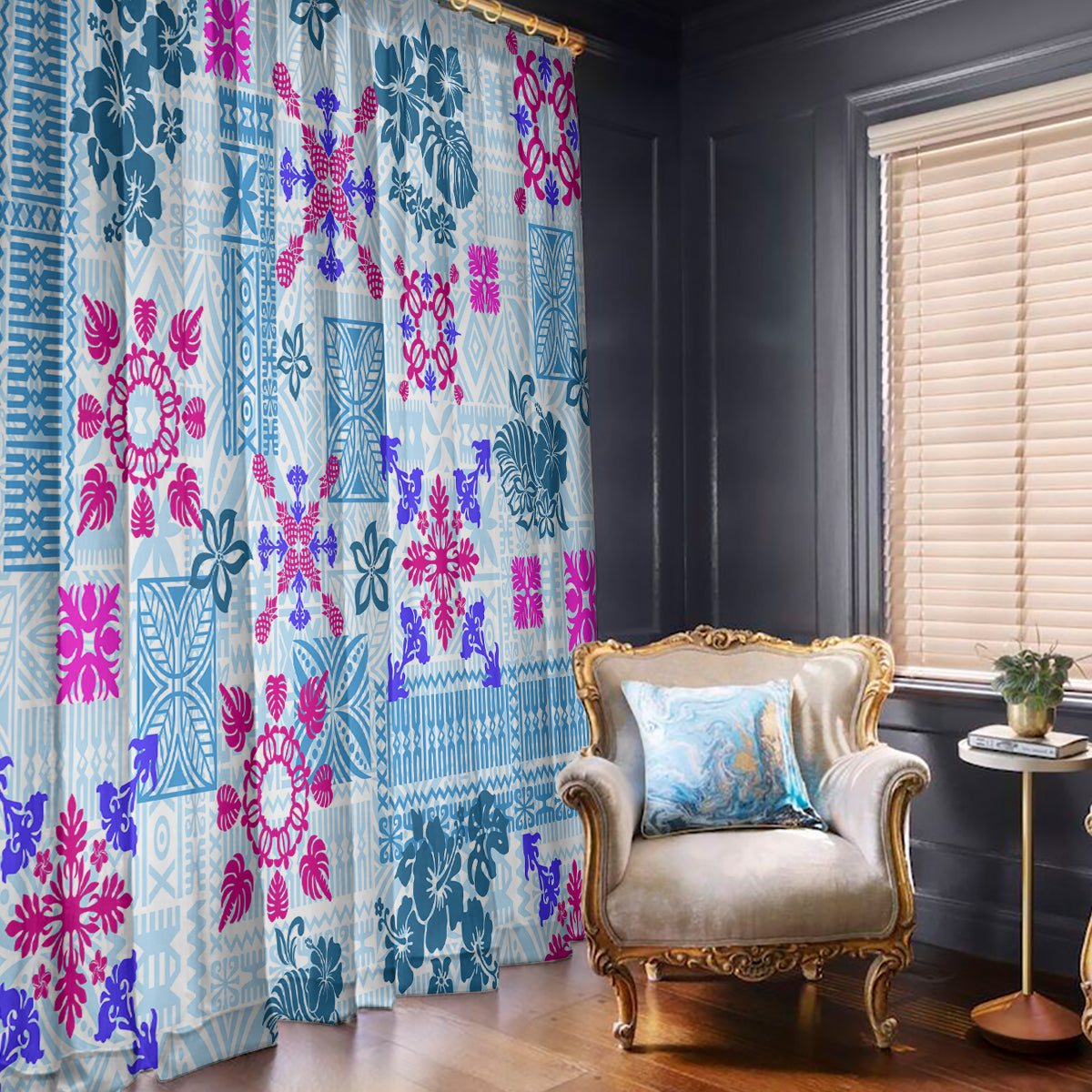 Hawaii Tapa Tribal Window Curtain With Hawaiian Quilt Pattern Blue - Wonder Print Shop
