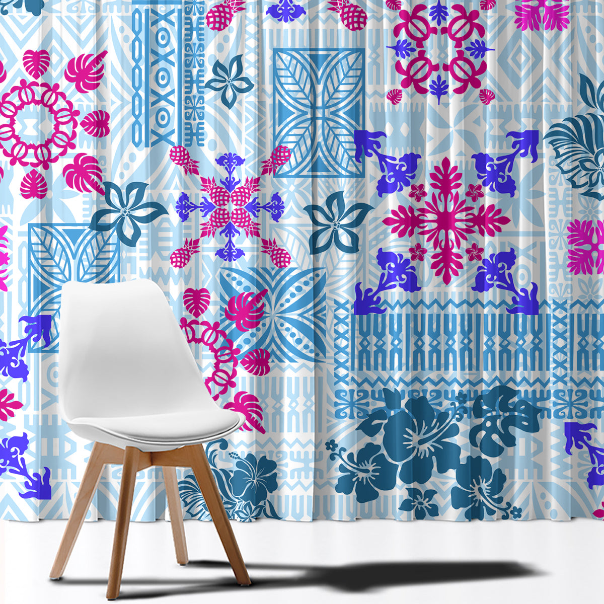 Hawaii Tapa Tribal Window Curtain With Hawaiian Quilt Pattern Blue - Wonder Print Shop