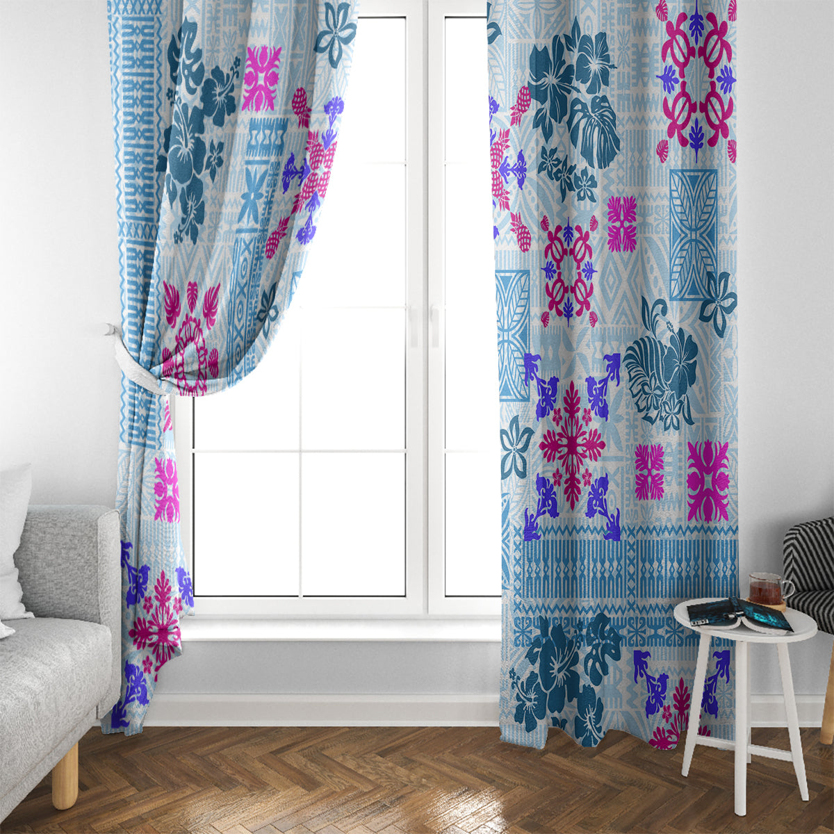 Hawaii Tapa Tribal Window Curtain With Hawaiian Quilt Pattern Blue - Wonder Print Shop